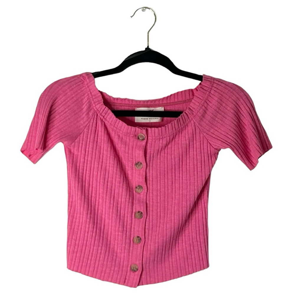 HYPED UNICORN Small Pink Ribbed Crop Top Sweater Scoop Neck Short Sleeve Raw Hem